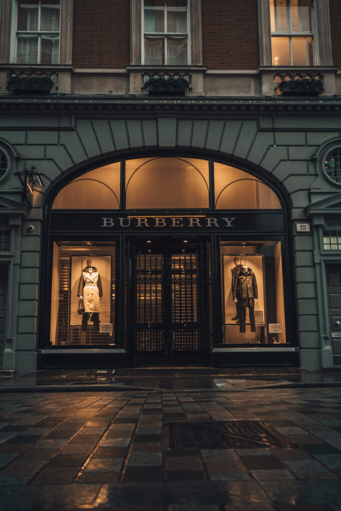Burberry store facade, showcasing the iconic brand's retail location and inviting atmosphere.