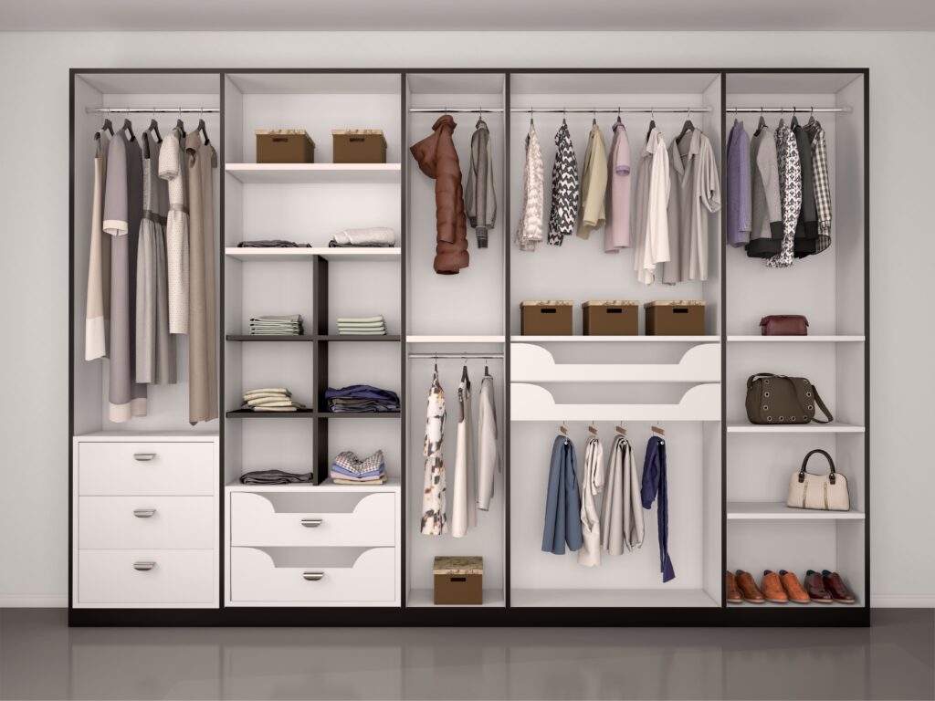 Monochrome wardrobe closet brimming with a diverse selection of capsule clothing items.