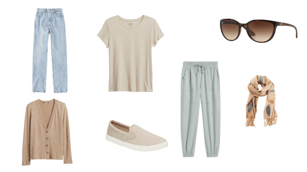 Discover a versatile outfit in one image, featuring jeans, a loose t-shirt, stretchy joggers, slip-on sneakers, a light cardigan or jacket, a scarf, and sunglasses for a perfect blend of style and comfort.