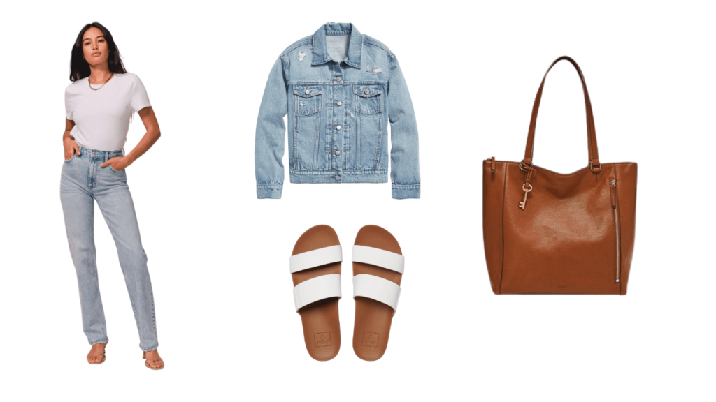 An image showing a fashion suggestion for a practical and stylish spring or summer look. It features a person wearing either jeans or a maxi dress, paired with a denim jacket or light sweater. The outfit is completed with a pair of comfortable sandals and a tote bag