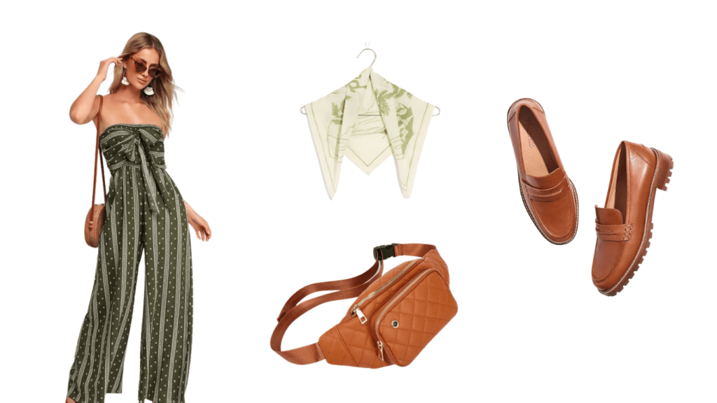 An image showcasing a comfortable and stylish outfit suggestion featuring a dress or loose-fitting jumpsuit paired with slip-on sneakers and a crossbody bag. The outfit is complemented with a light scarf or shawl for an additional layer