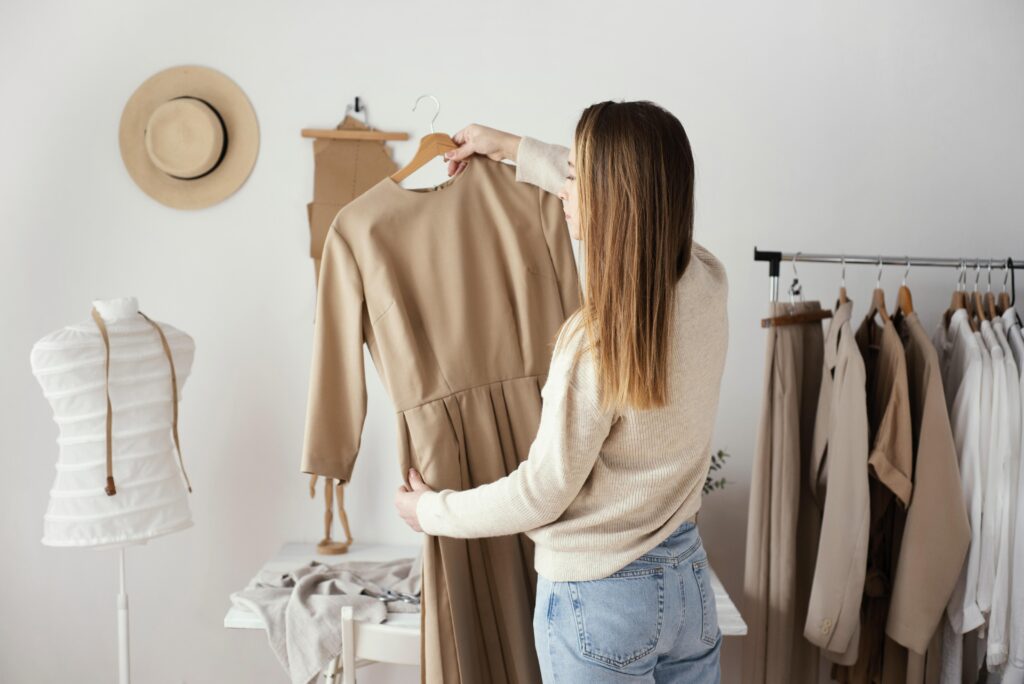 Back view of a female tailor carefully inspecting garments as she works on building her thoughtfully curated capsule wardrobe.