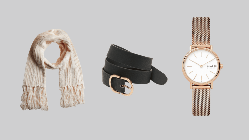Combination of an affordable wardrobe accessories consisting of a watch, a scarf, and a belt