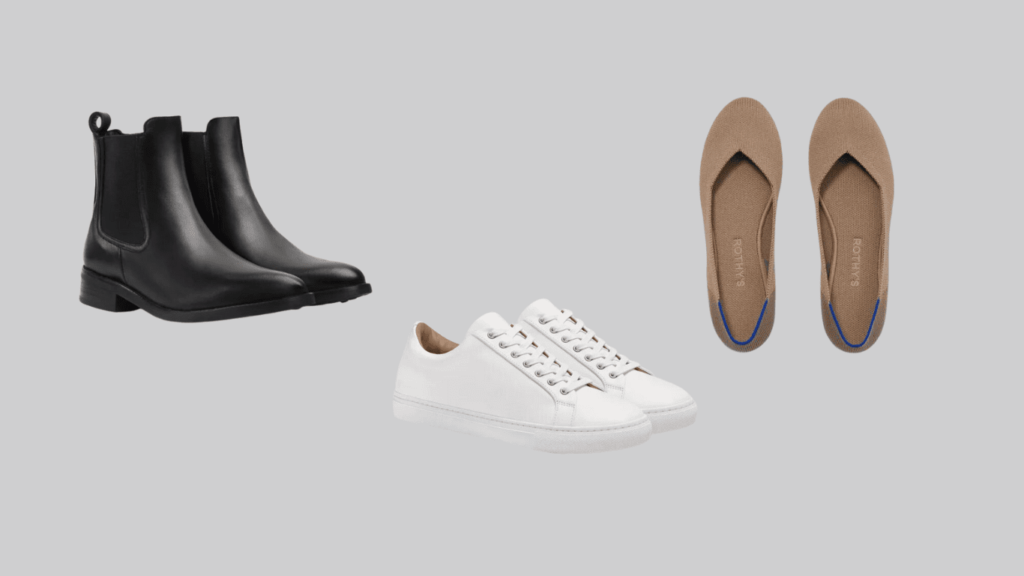 Combination of an affordable capsule wardrobe shoes consisting of a black ankle shoe, flats, and sneakers