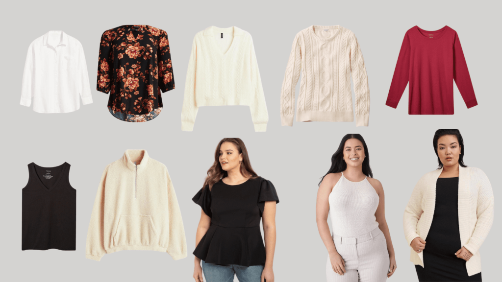 A wardrobe of versatile tops and sweaters, including a classic white button-down, a sleeveless black tank, a colorful floral blouse, a sophisticated dressier top, a warm cream sweater, a cozy V-neck sweater, a casual long sleeve tee, a practical quarter-zip sweater, a stylish sweater tank, and a comfortable cardigan.