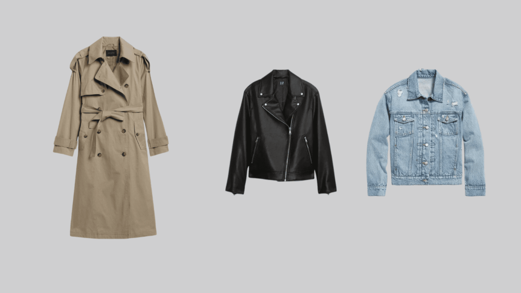 Combination of affordable outerwear clothes consisting of trench coat, denim jacket, and a leather jacket.
