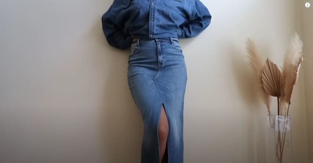 A YouTube video thumbnail showing a woman transforming denim into a stylish skirt.