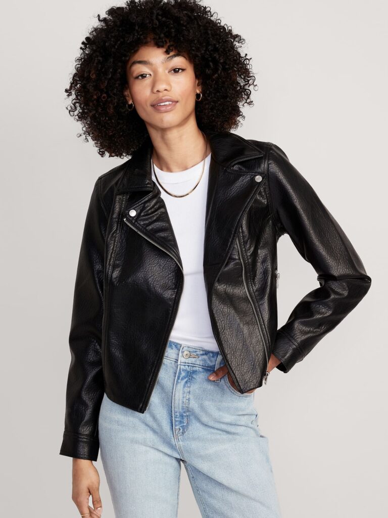 Woman Wearing Stylish Faux-Leather Biker Jacket for Women