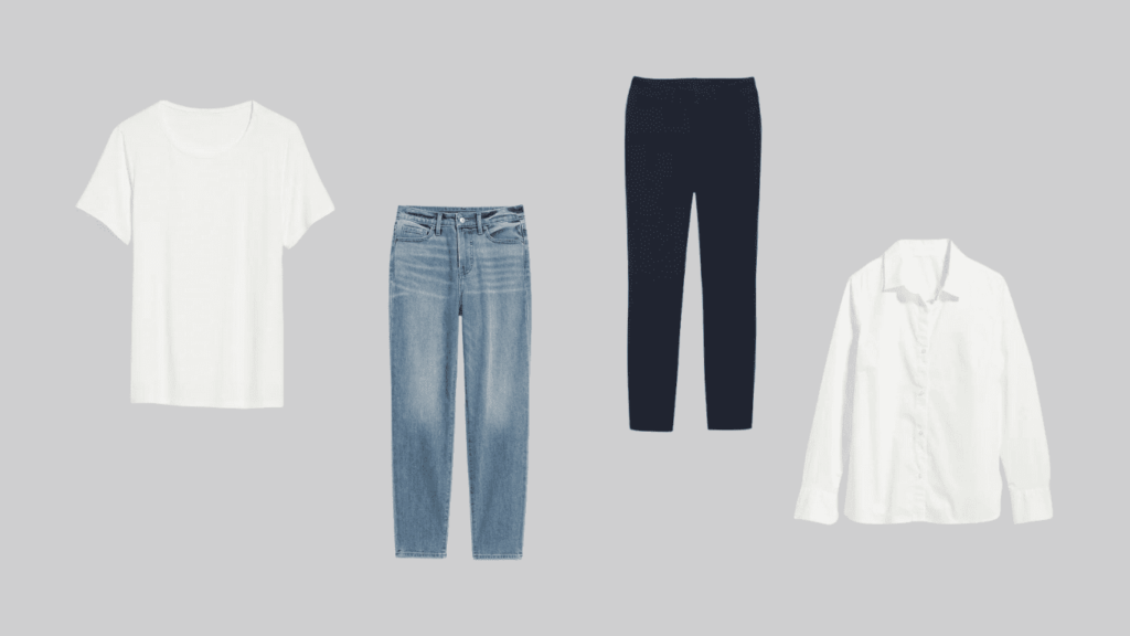 Combination of basic affordable capsule wardrobe displayed in one photo