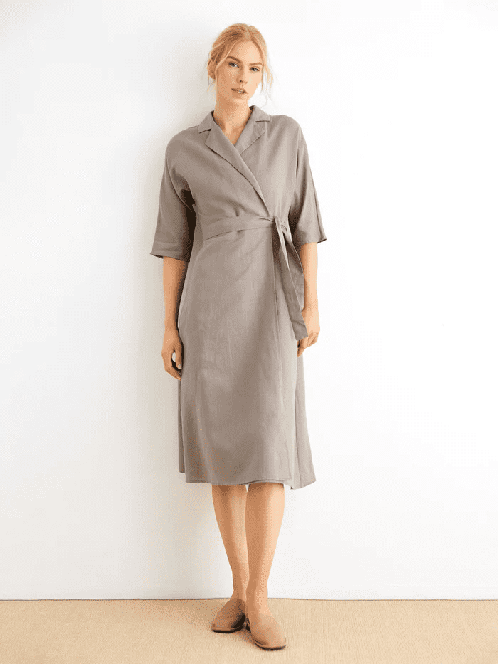 Woman Wearing Kiki 100% Linen Midi Wrap Dress