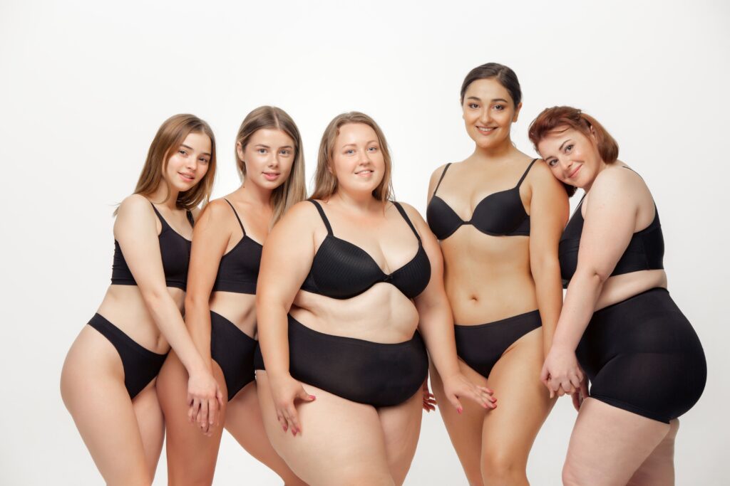Several young women with varying body types are pictured posing on a white background, showcasing their beauty