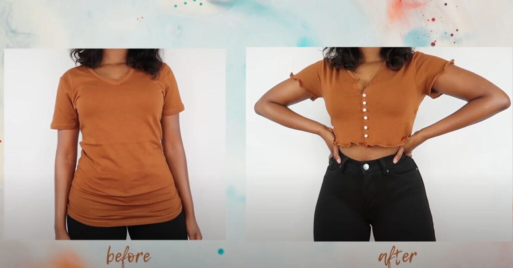 A YouTube video thumbnail featuring a woman showcasing creative ideas to transform plain t-shirts.