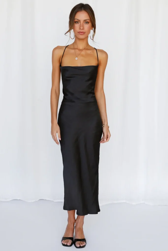 Woman in formal black evening gown