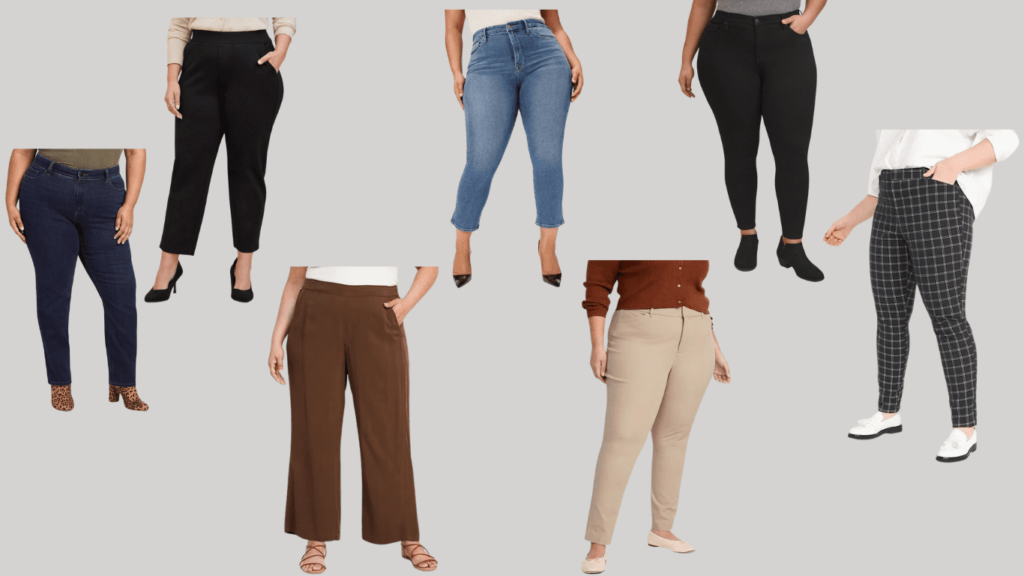 A selection of stylish pants including black skinny jeans, patterned work pants, straight ankle jeans, dark wash straight jeans, tan canvas pants, and brown sweater pants.