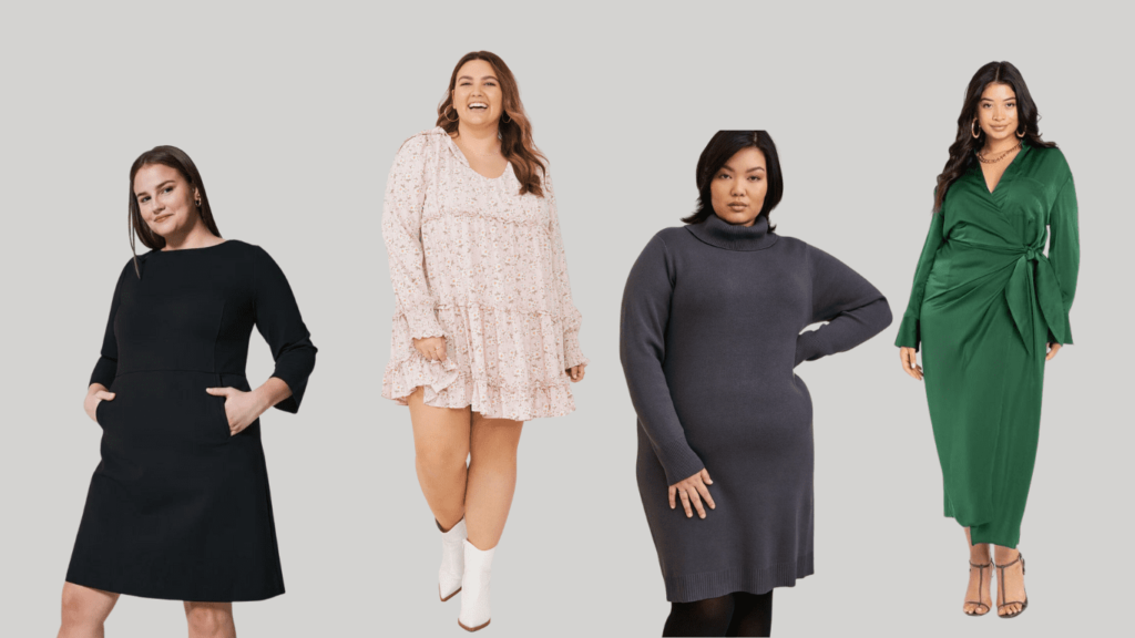 A collection of elegant dresses, including a black plus size dress, a long sleeve tiered dress, a cowl-neck sweater dress, and a silk maxi dress