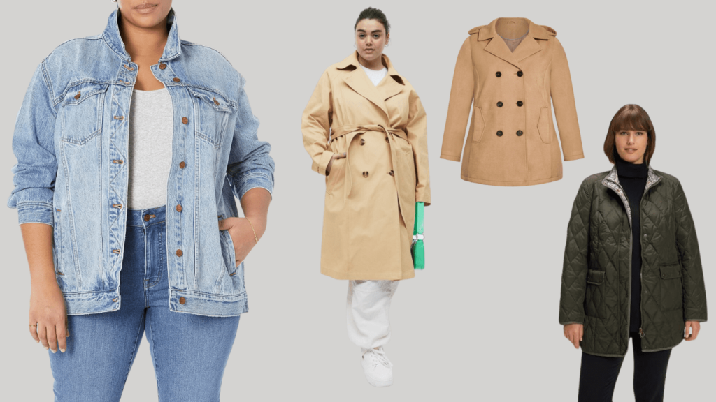 A stylish collection of outerwear including a classic jean jacket, a versatile trench coat, a sophisticated camel double-breasted coat, and a cozy quilted jacket.