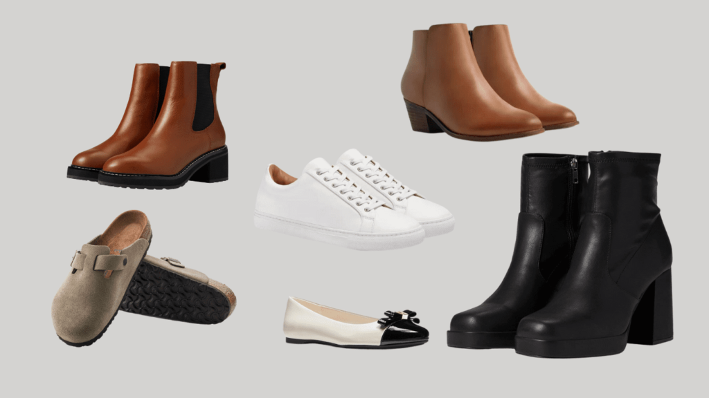 A fashionable set of shoes including brown boots, Birkenstock clogs, white sneakers, black boots, black and white flats, and ankle boots.