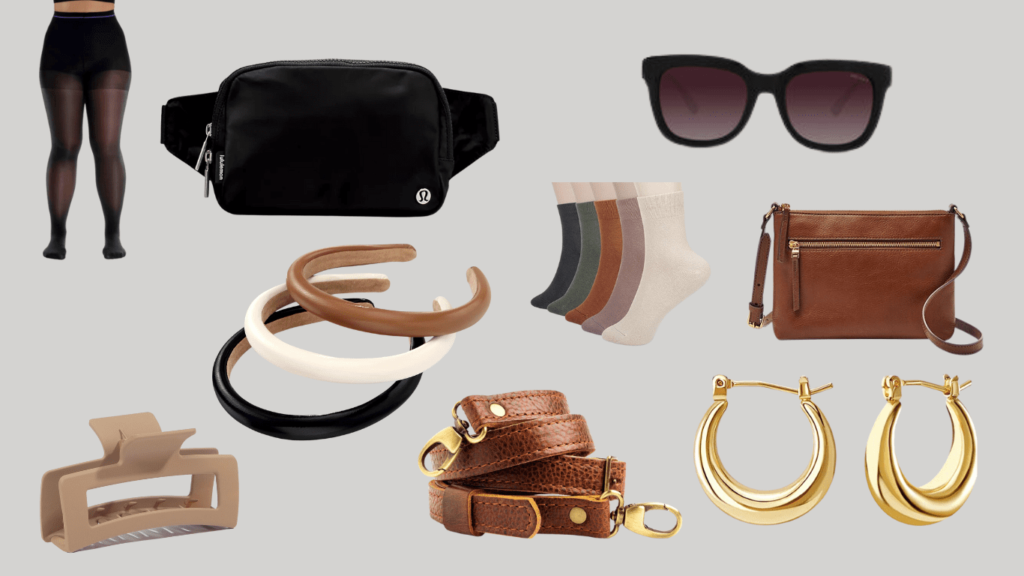 A trendy collection of accessories including Sheertex tights, a belt bag, a leather cross-body purse with a cross-body strap, gold hoops, a hair claw clip, sunglasses, socks, and leather headbands.
