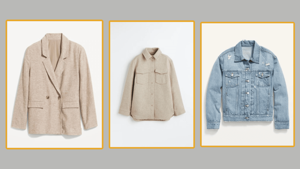Infographic showcasing different jackets: Lightweight denim jacket for a cool outfit, linen blazers for a polished touch, and functional overshirts/shackets for versatile layering options