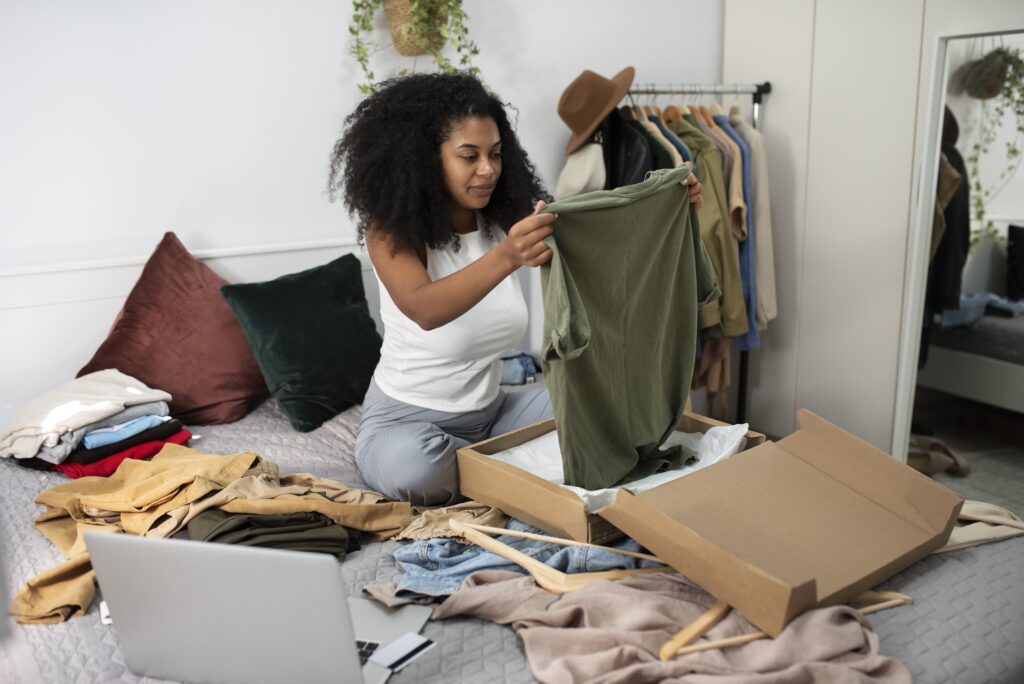 Full shot of woman holding clothes - woman organizing her sustainable summer capsule wardrobe.