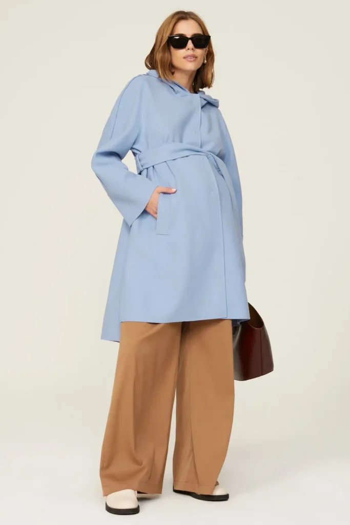 An image of a blue wool or down wrap coat.