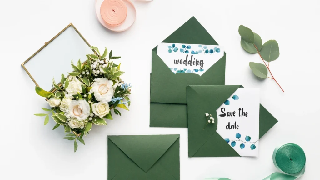 Creative green envelopes with white wedding invitations