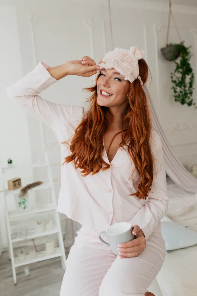 Happy lovable woman with long wavy hair with sleeping mask wearing pajamas with coffee in. the morning at home