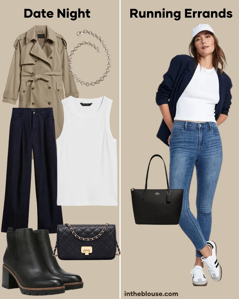 Infographic on InTheBlouse.com illustrating outfit styling for two different occasions: a chic date night look featuring a button-down blouse, dark-wash jeans, a classic trench coat, and black ankle boots, and a casual running errands outfit with medium-wash skinny jeans, a breathable cotton shirt, white sneakers, a utility jacket, and a chic tote bag for convenience.