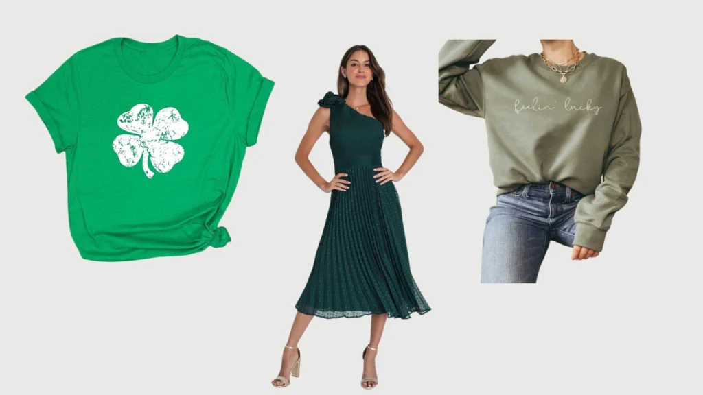 A compilation of images displaying the basic key pieces discussed for building a stylish St. Patrick's Day outfit.