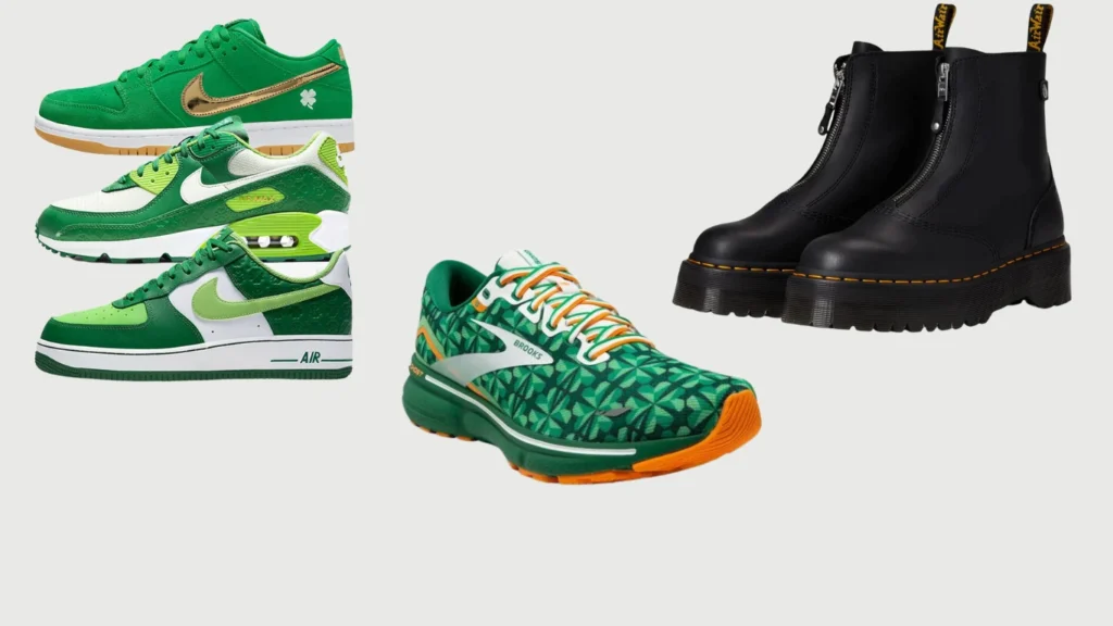 An array of images showing various footwear options suitable for St. Patrick's Day, highlighting the importance of choosing the right shoes for comfort and style.