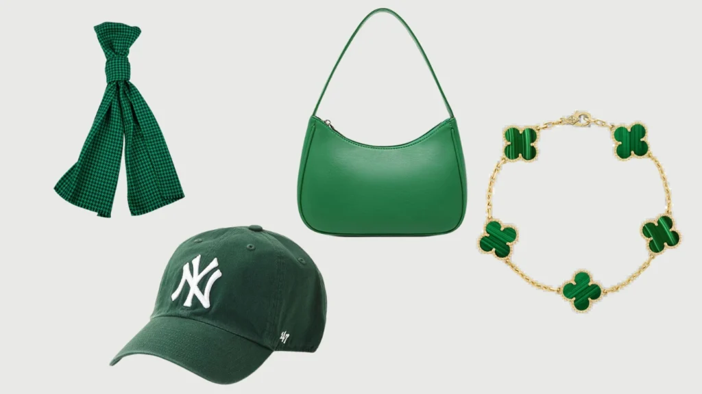 A collection of images showcasing a variety of accessories including jewelry, hats, shoes, layered clothing, graphic tees, and bags, all to complement and enhance your St. Patrick's Day outfit.
