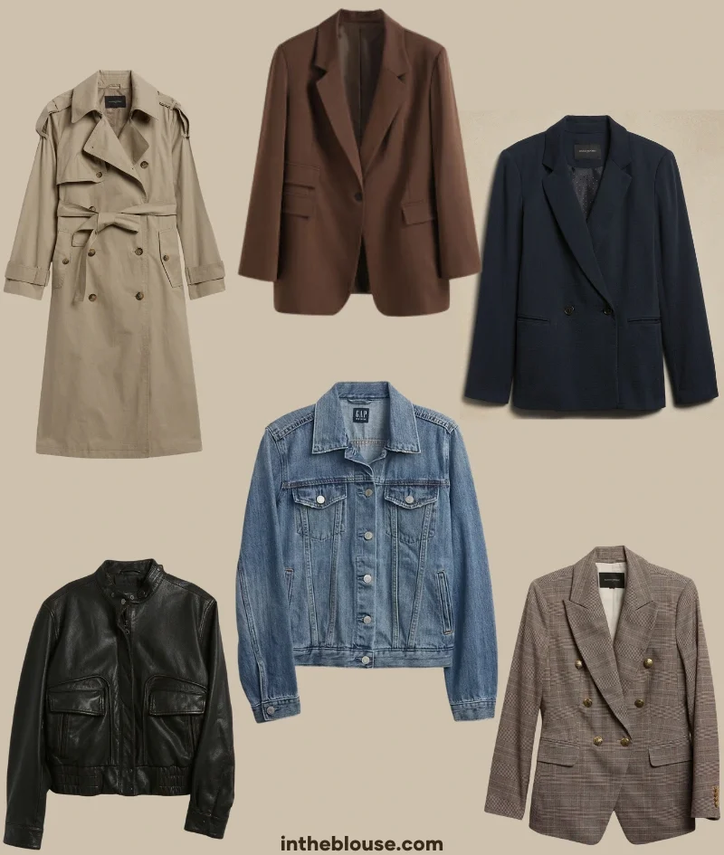Infographic detailing fall outerwear essentials including a classic trench coat, wool and plaid blazers, a denim jacket, a leather jacket, and an oversized blazer.
