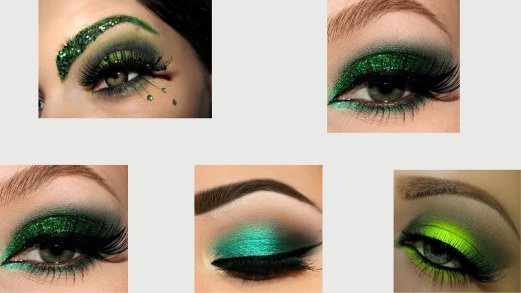 A series of images demonstrating bold, green, and fun makeup trends specifically suited for St. Patrick's Day celebrations.