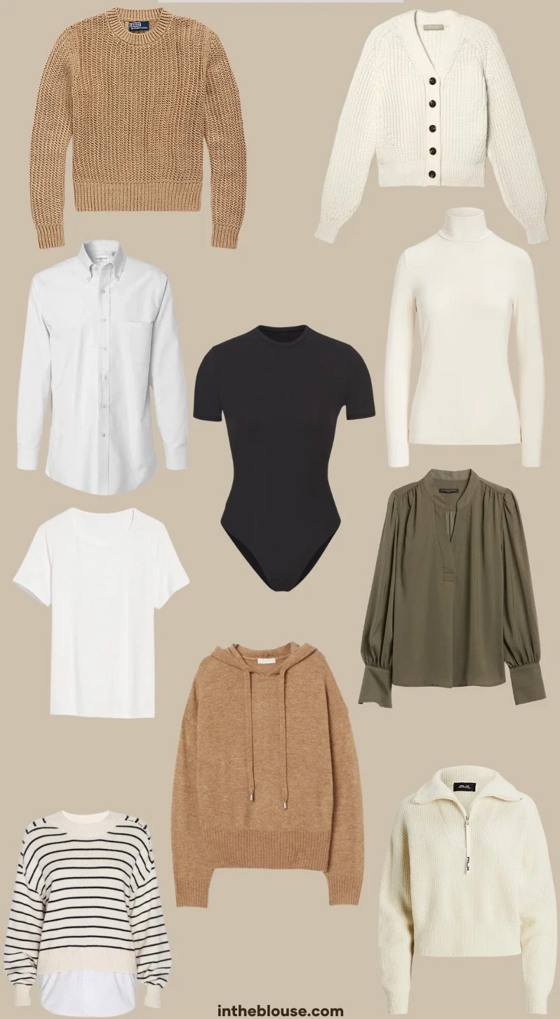 Infographic showcasing top essentials for a versatile wardrobe, including a classic button-down, turtlenecks, bodysuits, knit cardigans, chunky knit sweaters, silk blouses, graphic tees, basic white t-shirts, striped sweaters, knit half-zip sweaters, and knit hoodies.