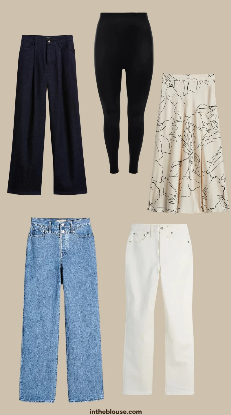Infographic displaying bottom essentials including dark wash jeans, black jeans, faux leather leggings, slip skirts, midi skirts, vintage wash jeans, and white jeans/pants for a versatile and stylish fall wardrobe.