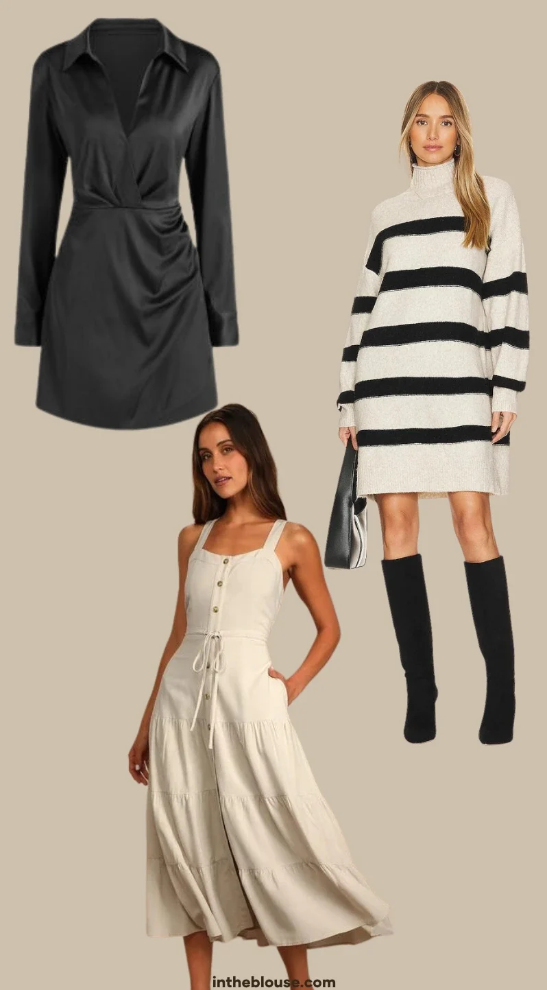 Infographic highlighting dress essentials for a fall wardrobe, featuring a long sleeve dress, midi dress, and sweater dress, all in neutral color tones for versatility and easy layering.