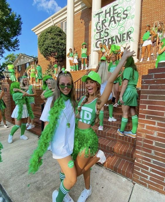 A collection of images displaying a group of girls wearing different St. Patrick's Day outfits, each designed for different events like a parade, a party, or a casual gathering.