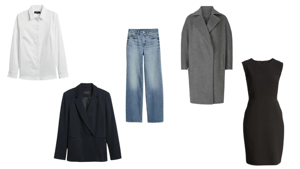 Collage or individual images of the items listed, like the classic white blouse, tailored jeans, LBD, blazer, and trench coat.