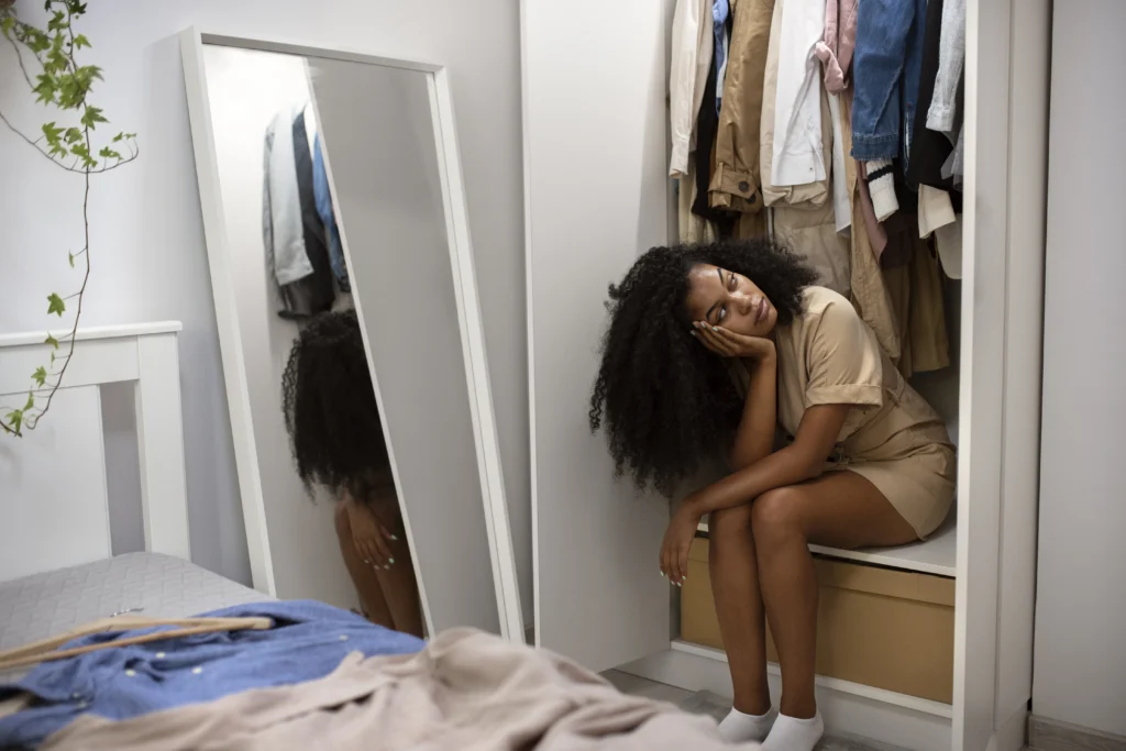 Full-length image of a woman looking distressed in her closet, grappling with the challenges of transitioning to a minimalist wardrobe.