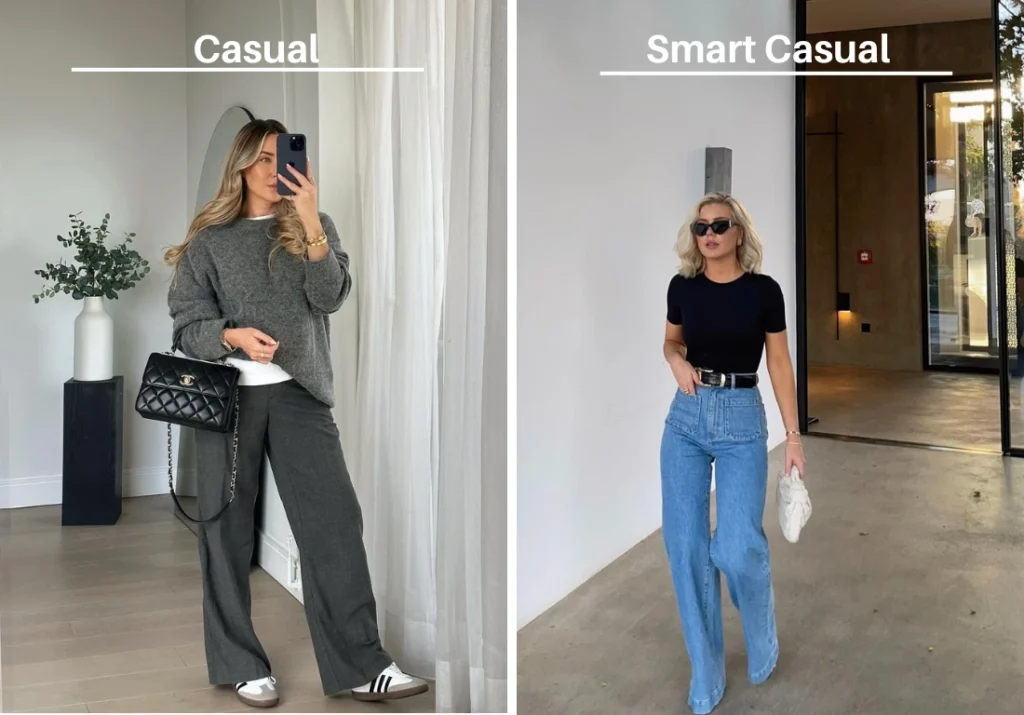 Two women demonstrating the difference between casual outfit and a smart casual outfit
