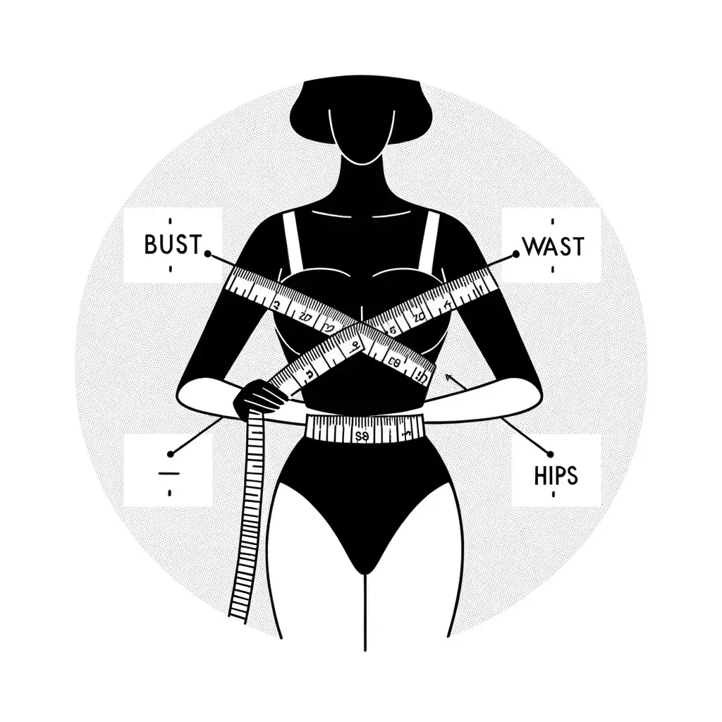 depicting a figure using a measuring tape around the bust, waist, and hips with visual cues or labels for these key areas.