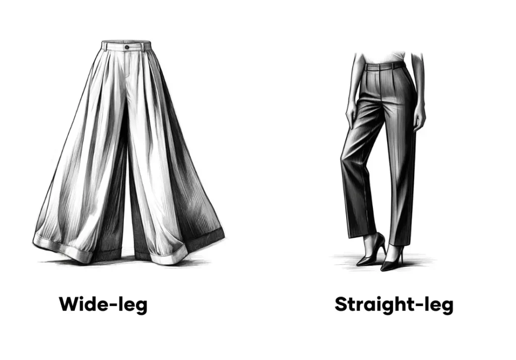 A realistic black and white sketch of women's straight-leg pants, highlighting a sleek silhouette and fabric texture, and a separate sketch of women's wide-leg pants, showcasing a voluminous silhouette and flowing fabric texture, both tailored for a woman's form.