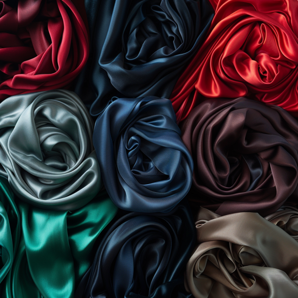 Swirls of luxurious fabrics in rich, deep tones suitable for black-tie attire, including red, emerald, navy, and beige silk, satiny textures, and velvet materials, perfectly illustrating the elegant options for formal evening wear.