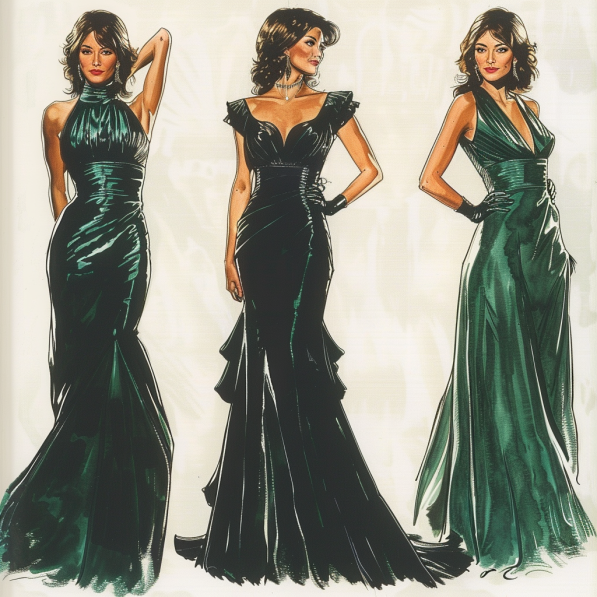 Three sophisticated gowns illustrating the Black-Tie Dress Code for Women, featuring a silk mermaid-style, a velvet A-line, and a satin sheath silhouette, showcasing the variety and elegance of formal attire options.