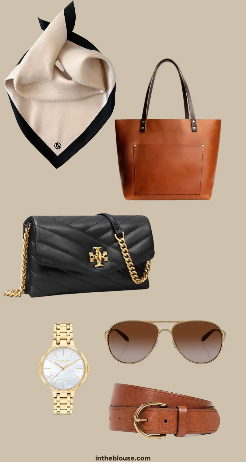 Infographic presenting accessory essentials for a complete fall look, featuring scarves, versatile bags, a leather tote bag, a crossbody bag, and a variety of accessories such as sunglasses, hair clips, scrunchies, and gold-plated jewelry.