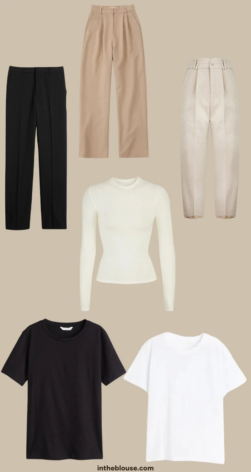Infographic demonstrating the importance of basics in a capsule wardrobe, featuring basic tees, long sleeve tops in neutral colors, and relaxed fit trousers for maximum versatility and comfort.