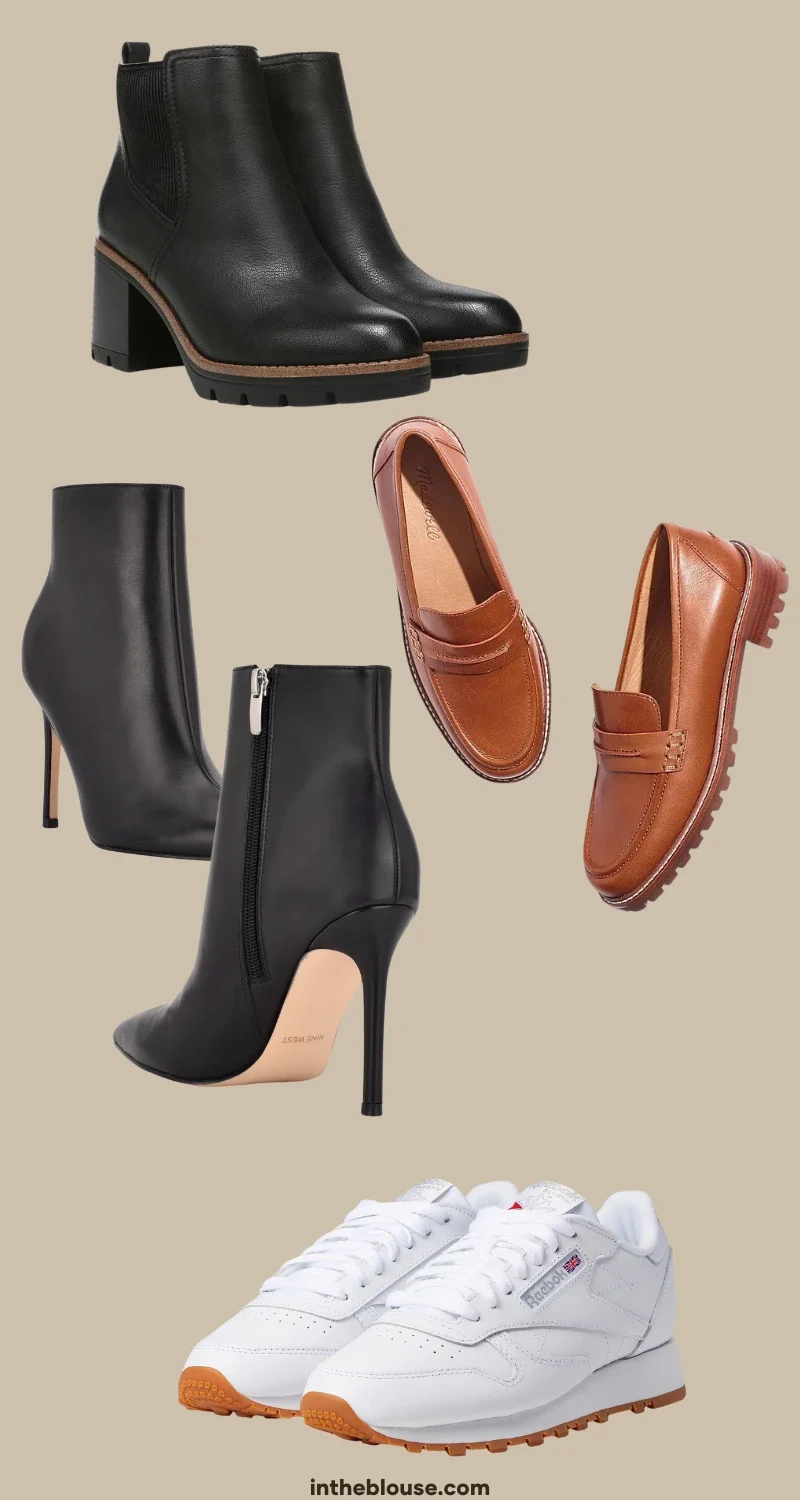 Infographic outlining shoe essentials for a fall wardrobe, including black ankle booties, heeled boots, classic sneakers, lug/Chelsea/combat boots, and versatile, sophisticated leather loafers.