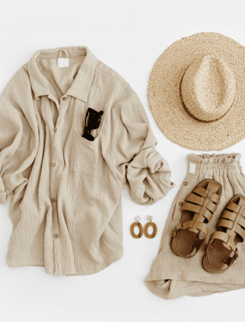 Sustainable summer capsule wardrobe: Aesthetic fashion composition with female clothes and accessories. Flat lay, top view.